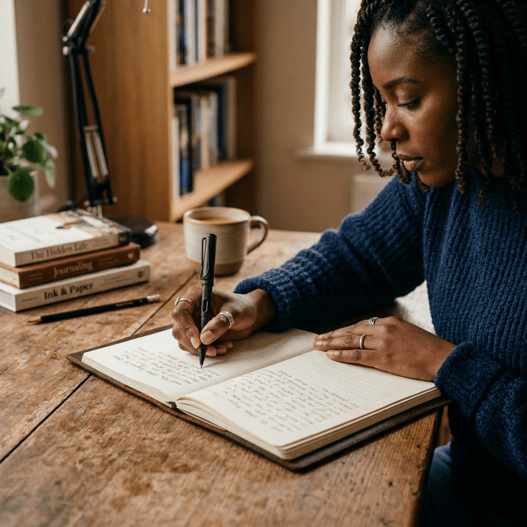 Woman writing in an open journal at a wooden desk