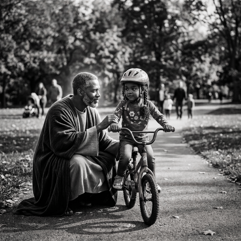 Father helping daughter ride a red bicycle in an autumn park
